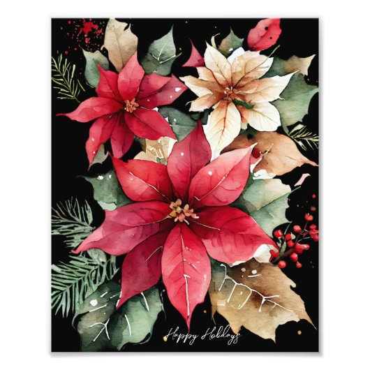 Poinsettia Holly Berry Rood Witte Bloem Kerstmis Foto Afdruk (Voorkant)