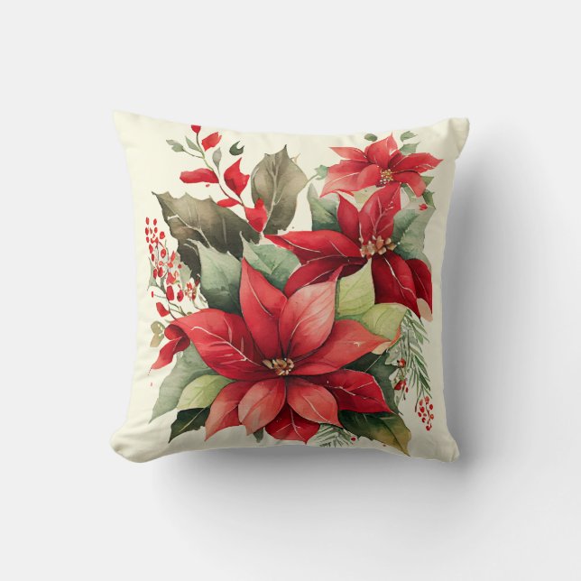 Poinsettia Holly Berry Rood Witte Bloem Kerstmis Kussen (Voorkant)