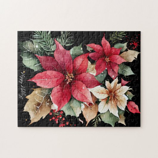 Poinsettia Holly Berry Rood Witte Bloem Kerstmis Legpuzzel (Horizontaal)