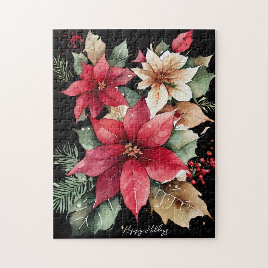 Poinsettia Holly Berry Rood Witte Bloem Kerstmis Legpuzzel (Verticaal)