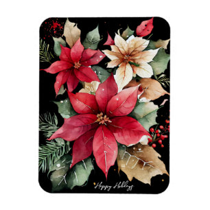 Poinsettia Holly Berry Rood Witte Bloem Kerstmis Magneet