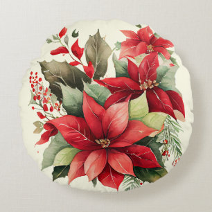 Poinsettia Holly Berry Rood Witte Bloem Kerstmis Rond Kussen