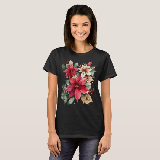 Poinsettia Holly Berry Rood Witte Bloem Kerstmis T-shirt (Voorkant volledig)