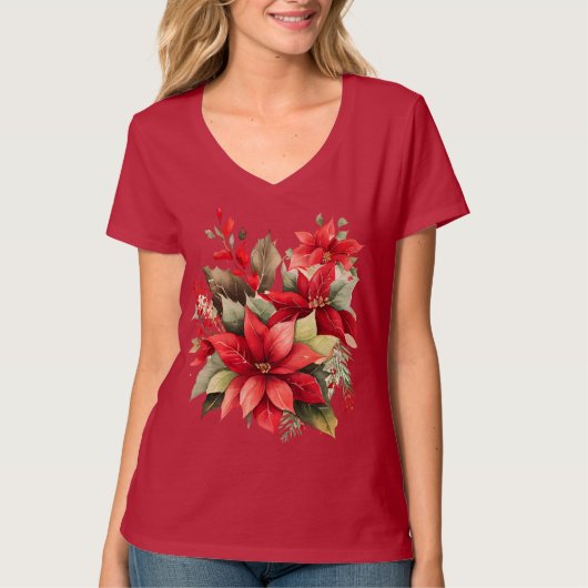 Poinsettia Holly Berry Rood Witte Bloem Kerstmis T-shirt (Voorkant)