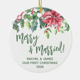 Poinsettia & Holly First Kerstfeest Merry & Gehuwd Keramisch Ornament