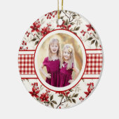 Poinsettia Holly Gingham Border Holiday Kaart Keramisch Ornament (Links)