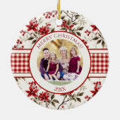 Poinsettia Holly Gingham Border Holiday Kaart Keramisch Ornament (Achterkant)