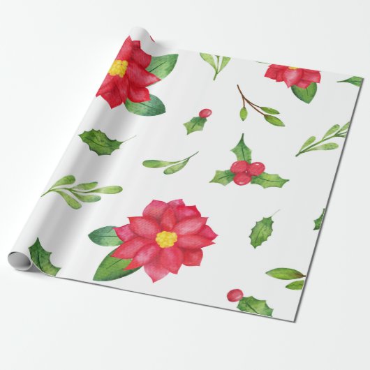 Poinsettia & Holly-kerstinpakpapier Cadeaupapier (Uitgerold)