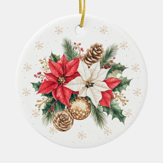 Poinsettia Holly Pine Kerstfoto Ornament (Voorkant)