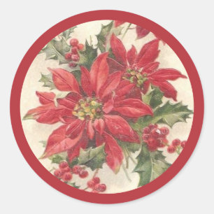 Poinsettia Holly Vintage kerstfeestzegel Ronde Sticker