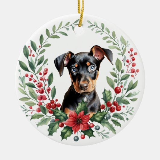 Poinsettia Holly Wreath Doberman Pinscher Puppy Keramisch Ornament (Voorkant)