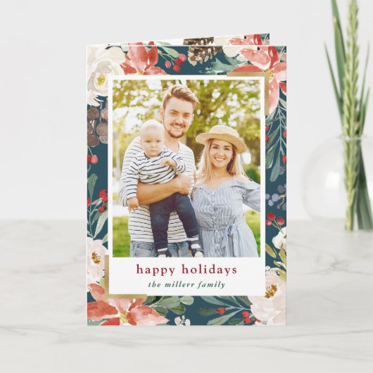 Poinsettia Hulst Bessen Bloem Foto Kerstmis Feestdagen Kaart (Voorkant)