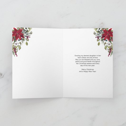 Poinsettia, hulst, dennenkerstdochter in de wet feestdagen kaart (Binnen)