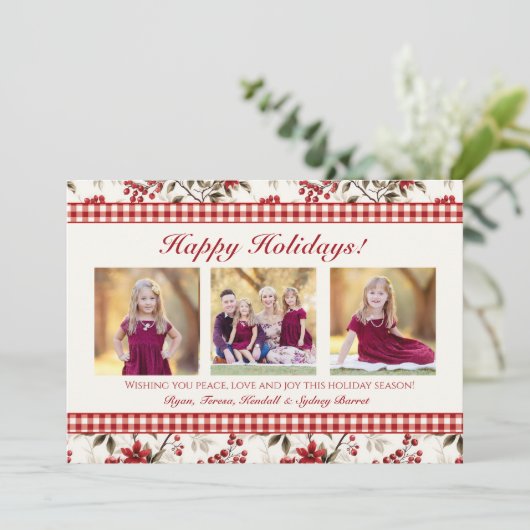 Poinsettia Hulst Geruite Rand Vakantiefoto Kaart (Staand voorkant)