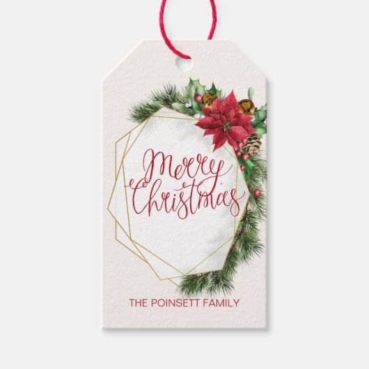 Poinsettia, hulst, pijnboom, kegelkerst cadeaulabel (Voorkant)