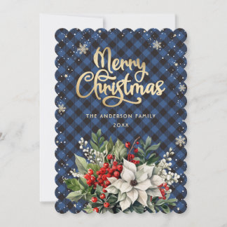 Poinsettia Hulst Rode Bessen Sneeuwvlokken Kerstmi Feestdagenkaart