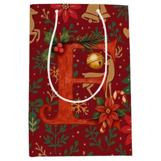 Poinsettia, Initial E Letter White Medium Gift Cadeauzakje (Voorkant)