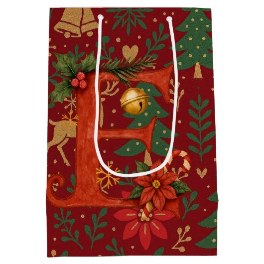 Poinsettia, Initial E Letter White Medium Gift Cadeauzakje (Achterkant)