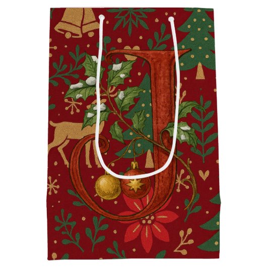 Poinsettia, Initial J Letter Reindeer Medium Gift  Cadeauzakje (Achterkant)