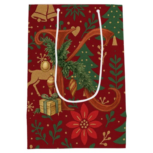 Poinsettia, Initial K Letter Reindeer Medium Gift  Medium Cadeauzakje (Achterkant)