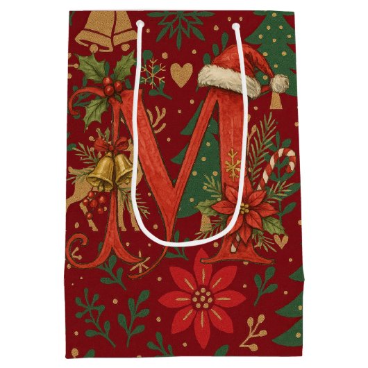 Poinsettia, Initial M Letter Reindeer Medium Gift  Medium Cadeauzakje (Achterkant)
