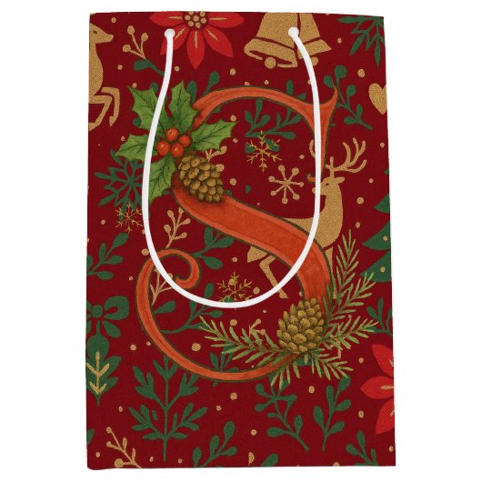 Poinsettia, Initial S Letter Reindeer Medium Gift Cadeauzakje (Voorkant)