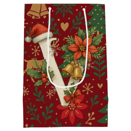 Poinsettia, Initial V Letter Reindeer Medium Gift  Medium Cadeauzakje (Achterkant)