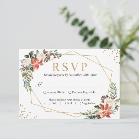 Poinsettia Ivoorkleurige Bloem Geometrische Gouden RSVP Kaartje (Staand voorkant)