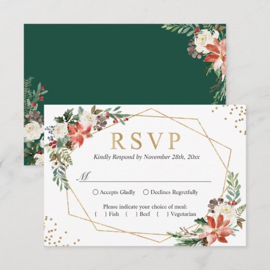 Poinsettia Ivoorkleurige Bloem Geometrische Gouden RSVP Kaartje (Voorkant / Achterkant)