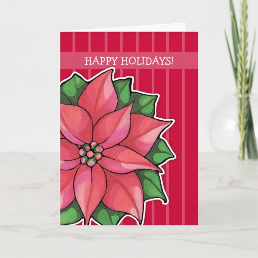Poinsettia Joy Red stripes Holiday Card Feestdagen Kaart (Voorkant)