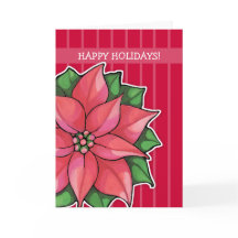 Poinsettia Joy Red stripes Holiday Card