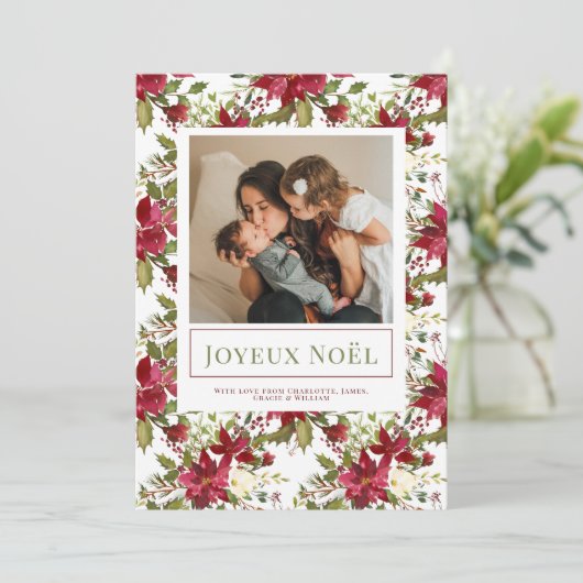 Poinsettia Joyeux Noël Elegant-kerstkaart Kaart (Staand voorkant)