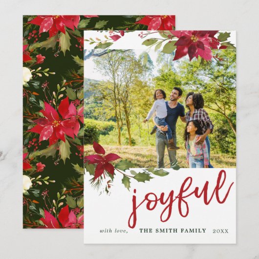 Poinsettia Joyful Kerstmis Foto Vakantiekaart Feestdagenkaart (Voorkant / Achterkant)