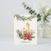 Poinsettia, kaarsen, dennen, kerstavond feestdagenkaart (Staand voorkant)