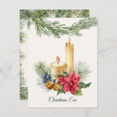 Poinsettia, kaarsen, dennen, kerstavond feestdagenkaart (Voorkant / Achterkant)