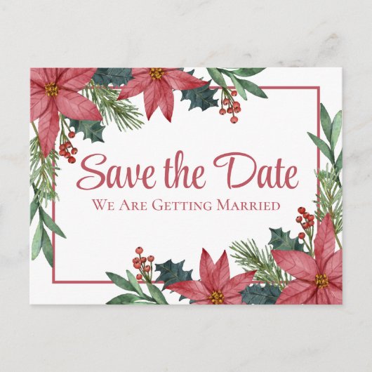 Poinsettia Kerst Bloemen Bruiloft Save The Date Briefkaart (Voorkant)