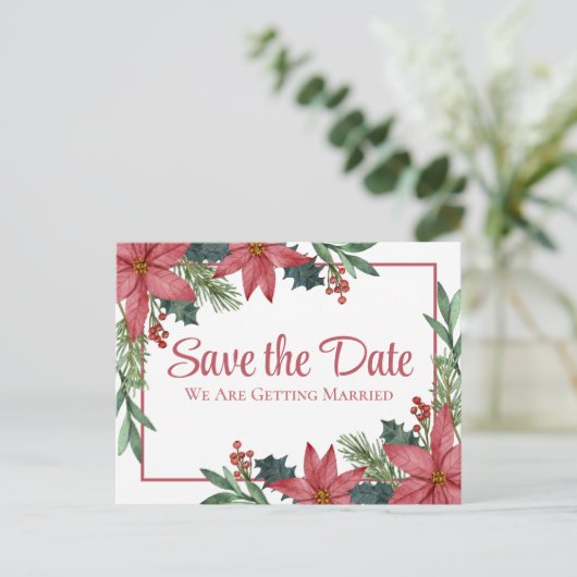 Poinsettia Kerst Bloemen Bruiloft Save The Date Briefkaart (Staand voorkant)