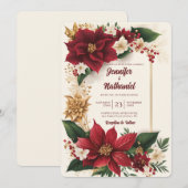 Poinsettia Kerst Bourgondië Goud Bloemen Bruiloft Kaart (Voorkant / Achterkant)