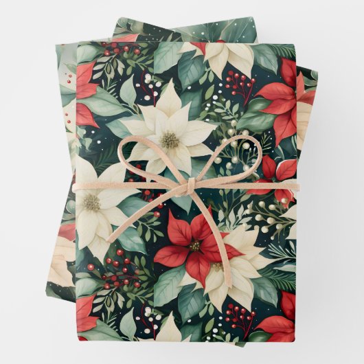 Poinsettia Kerst Flat Sheets Gift Wraps Inpakpapier Vel (In situ)
