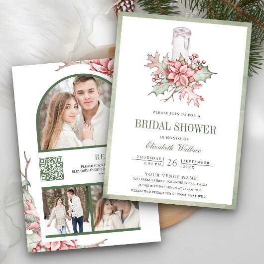 Poinsettia Kerst Kaars QR Code Bruids Bruiloft Kaart