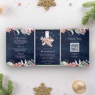 Poinsettia Kerst Kaars QR Code Marine Huwelijk Drieluik Uitnodiging