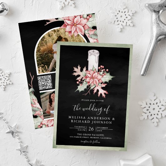 Poinsettia Kerst Kaars QR Code Zwart Bruiloft Kaart