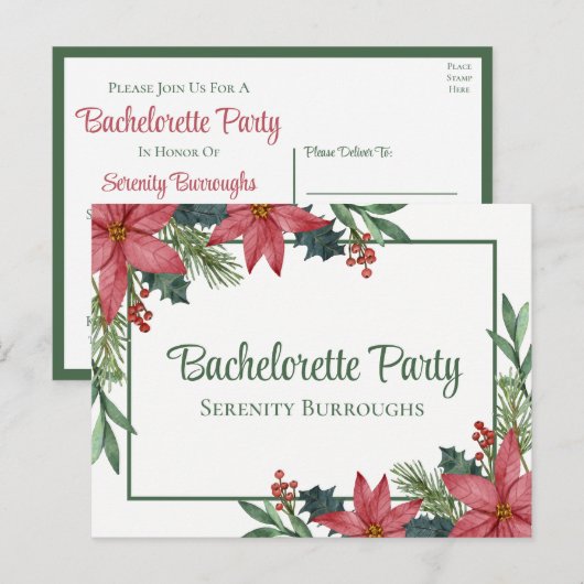 Poinsettia Kerst Rode Bloemen Bachelorette Party Uitnodiging Briefkaart (Voorkant / Achterkant)