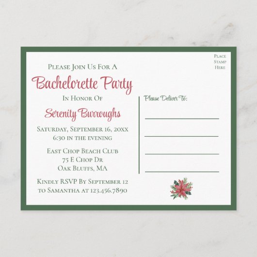 Poinsettia Kerst Rode Bloemen Bachelorette Party Uitnodiging Briefkaart (Achterkant)