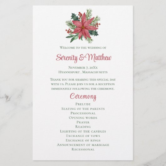 Poinsettia Kerst Rood Bloemen Bruiloft Programma (Voorkant)