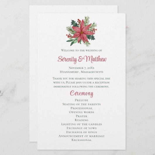 Poinsettia Kerst Rood Bloemen Bruiloft Programma (Voorkant / Achterkant)