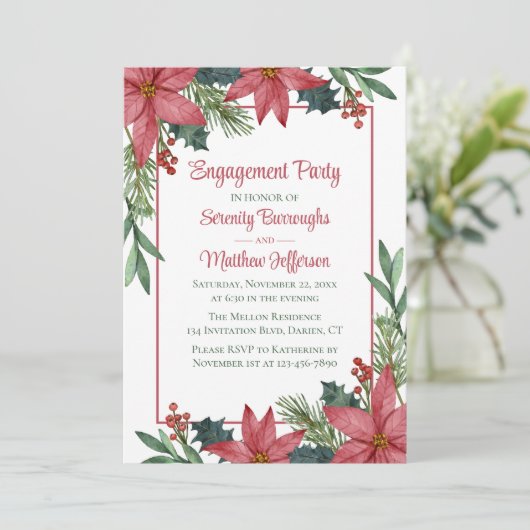 Poinsettia Kerst Rood Bloemen Verloving Onderdeel Kaart (Staand voorkant)