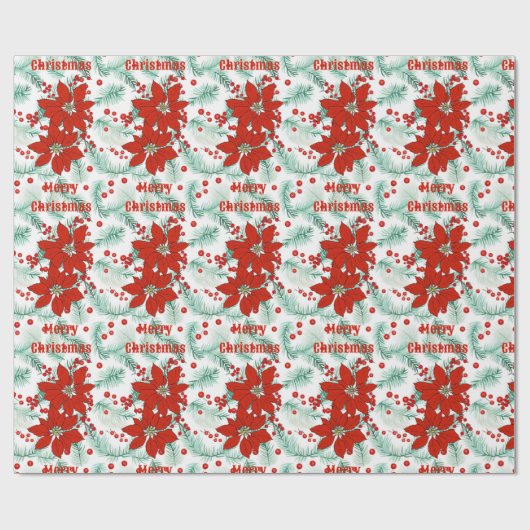Poinsettia Kerst Rood en Groen Klassiek Cadeaupapier (Vlak)