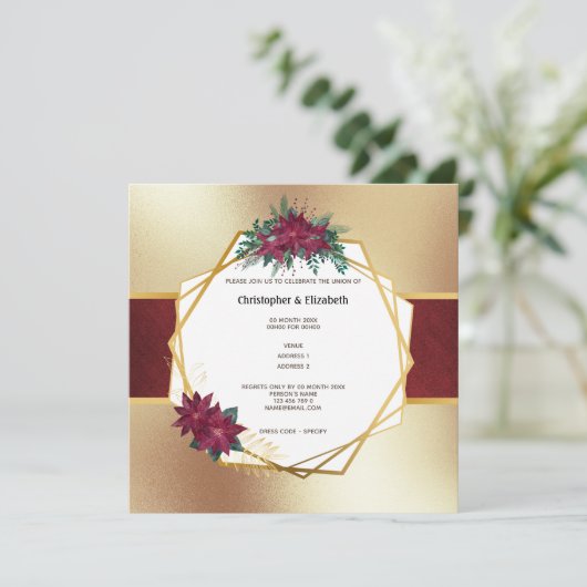 Poinsettia Kerstbloem goud Bourgogne bruiloft Kaart (Staand voorkant)