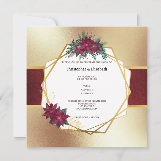 Poinsettia Kerstbloem goud Bourgogne bruiloft Kaart (Voorkant)
